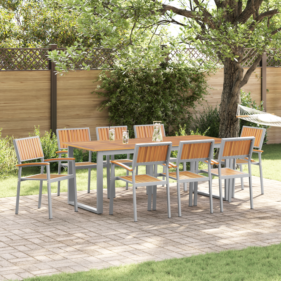 vidaXL 9-delige tuinset grijs staal en massief acaciahout afbeelding 1