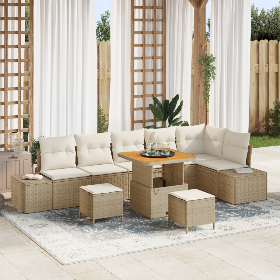vidaXL 9-delige tuinset met kussen in beige poly rattan en acacia vidaXL 9-delige tuinset met kussen in beige poly rattan en acacia afbeelding 1
