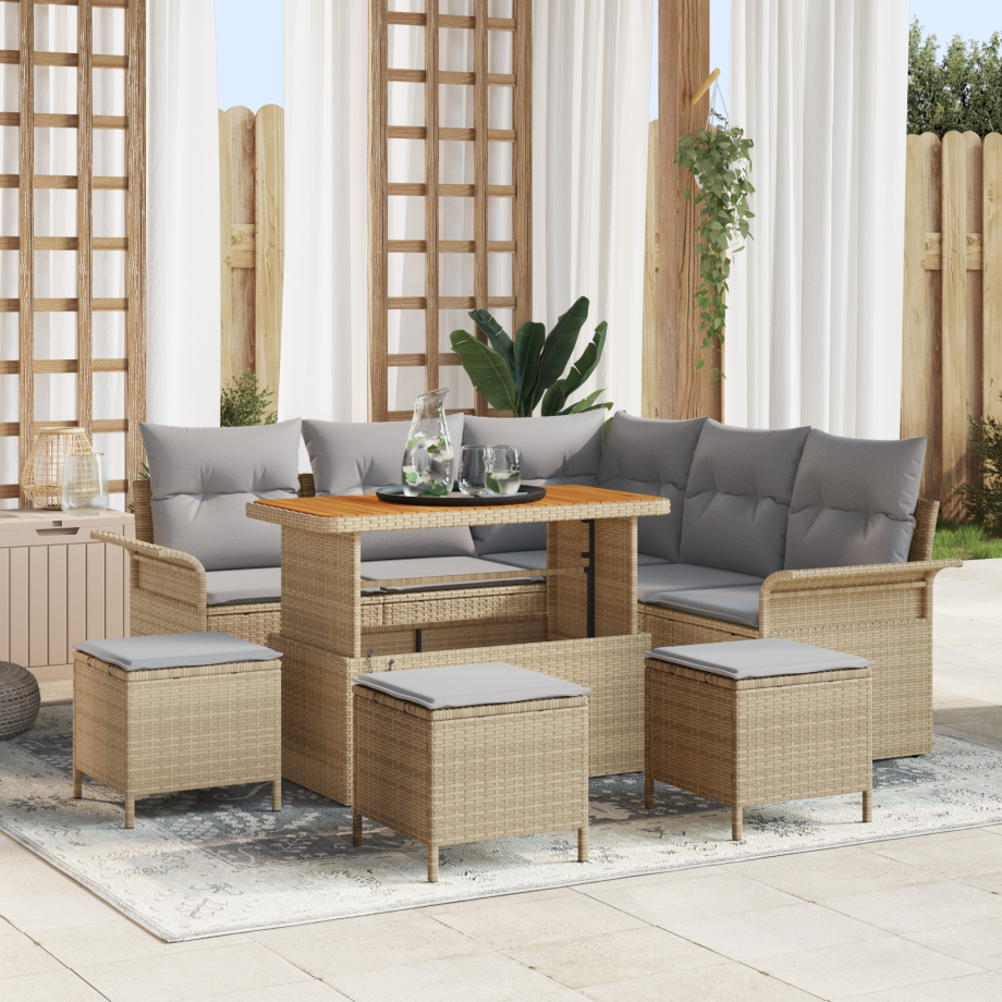 vidaXL 9-delige tuinset met kussens in beige poly rattan en acacia afbeelding 1