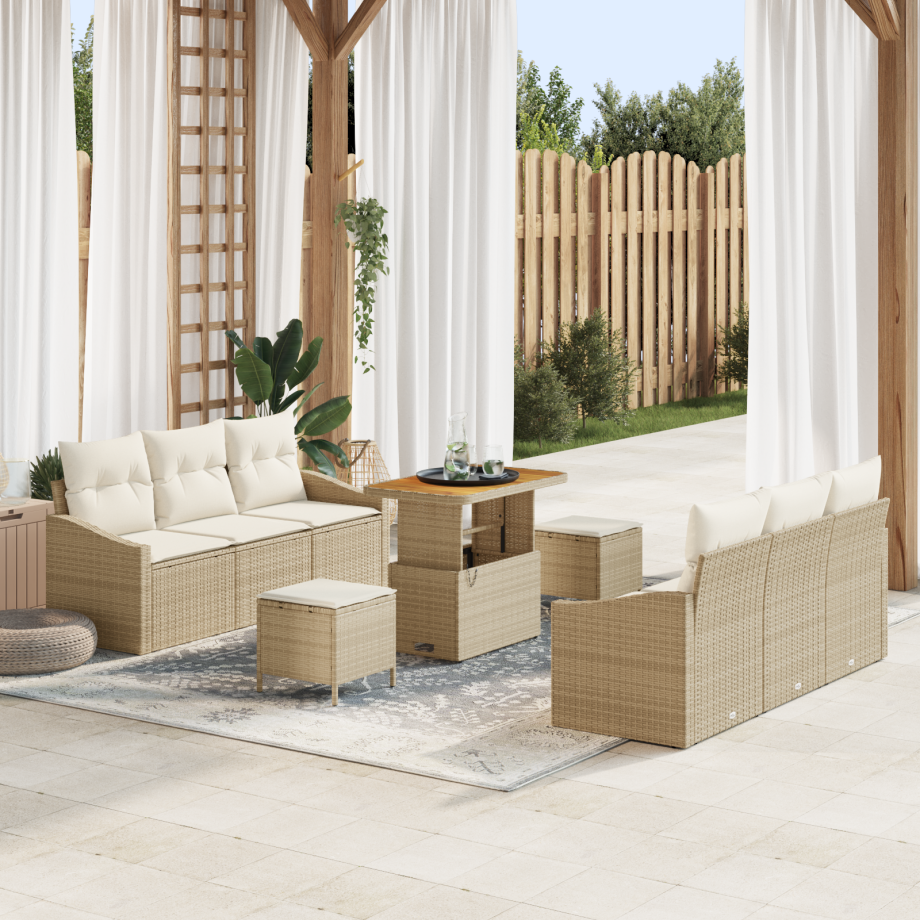 vidaXL 9-delige tuinset met kussens in beige poly rattan en acacia vidaXL 9-delige tuinset met kussens in beige poly rattan en acacia afbeelding 1