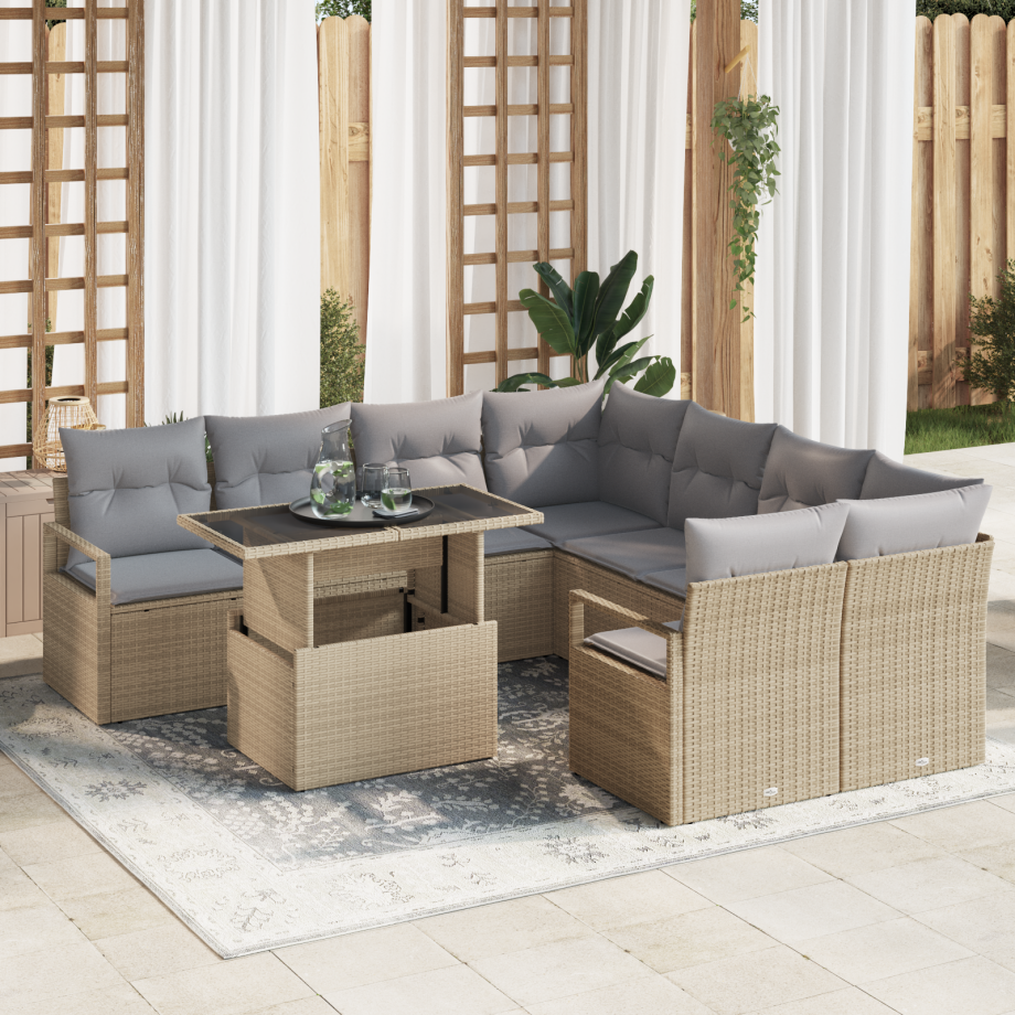 vidaXL 9-delige tuinset met kussens in beige poly rattan afbeelding 1
