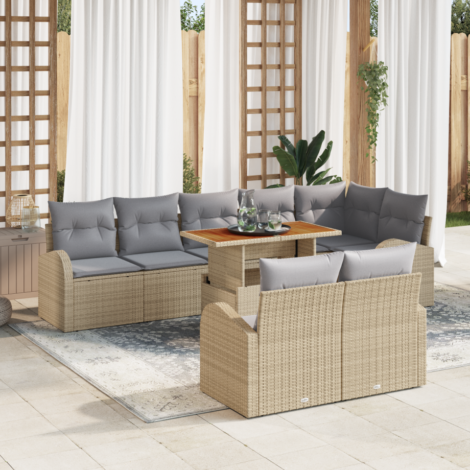 vidaXL 9-delige tuinset met kussens in beige poly rattan afbeelding 1