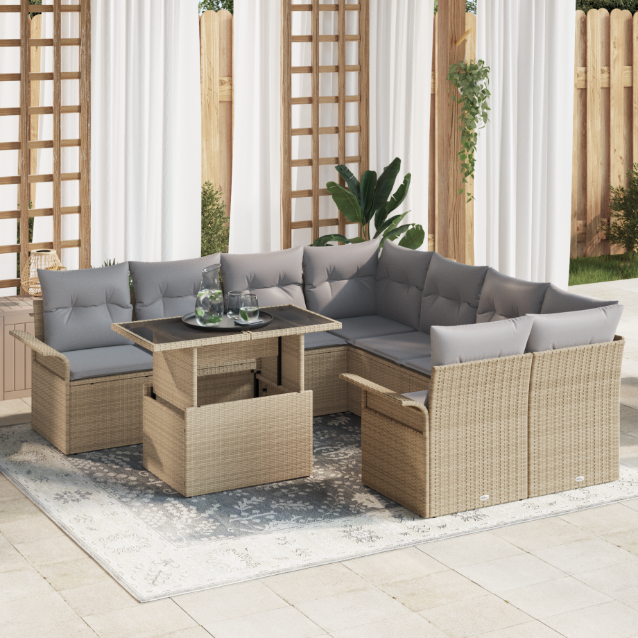 vidaXL 9-delige tuinset met kussens in beige poly rattan vidaXL 9-delige tuinset met kussens in beige poly rattan afbeelding 1