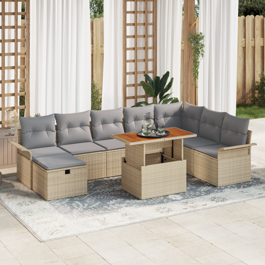 vidaXL 9-delige tuinset met kussens in beige poly rattan afbeelding 1