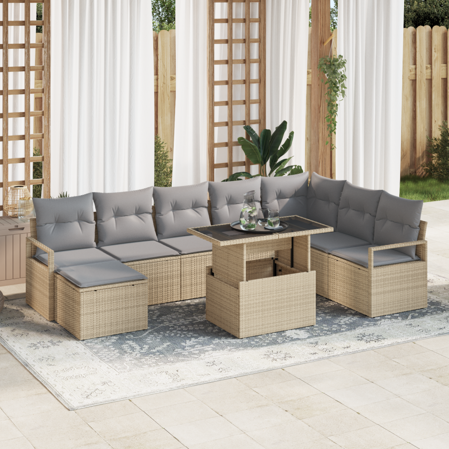 vidaXL 9-delige tuinset met kussens in beige poly rattan afbeelding 1