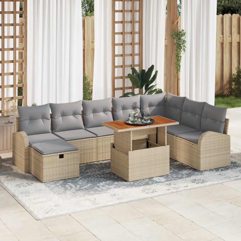 vidaXL 9-delige tuinset met kussens in beige poly rattan afbeelding 1