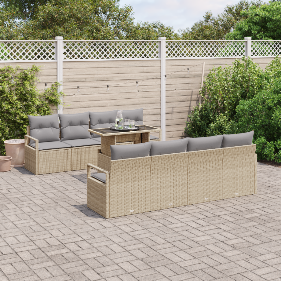 vidaXL 9-delige tuinset met kussens in beige poly rattan afbeelding 1
