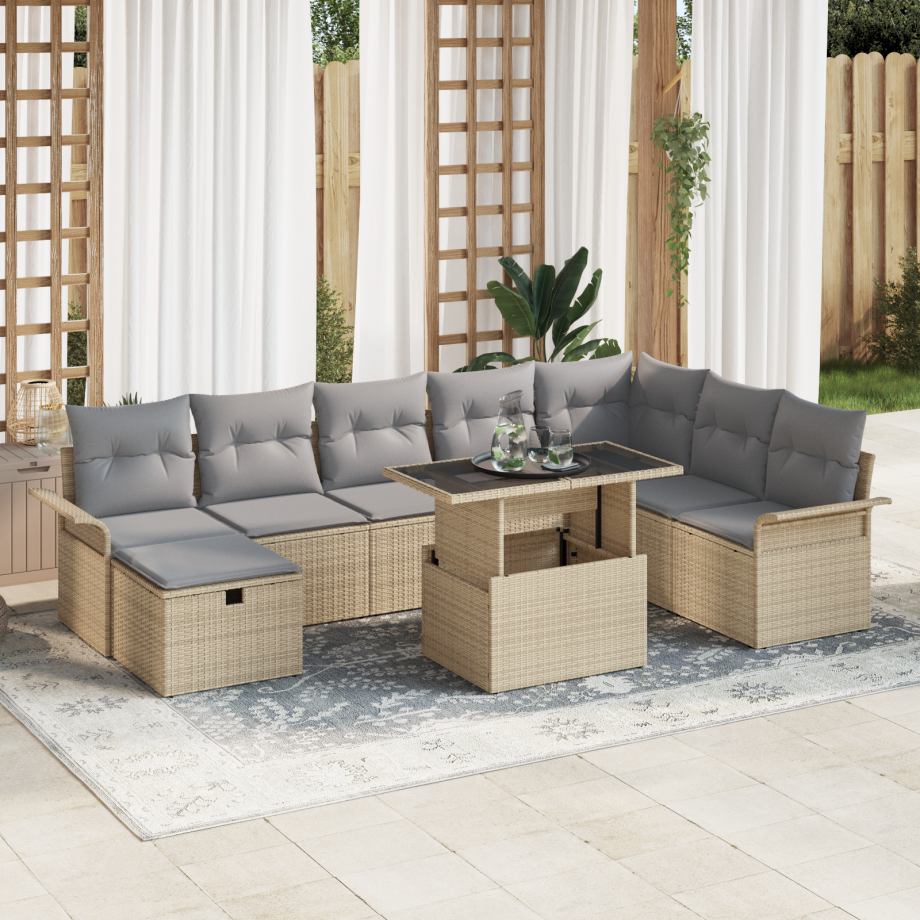 vidaXL 9-delige tuinset met kussens in beige poly rattan afbeelding 1
