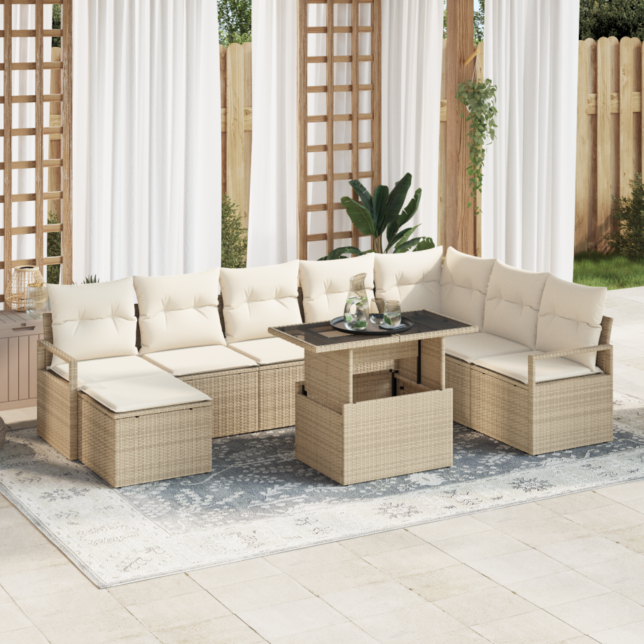 vidaXL 9-delige tuinset met kussens in Beige Poly Rattan afbeelding 1