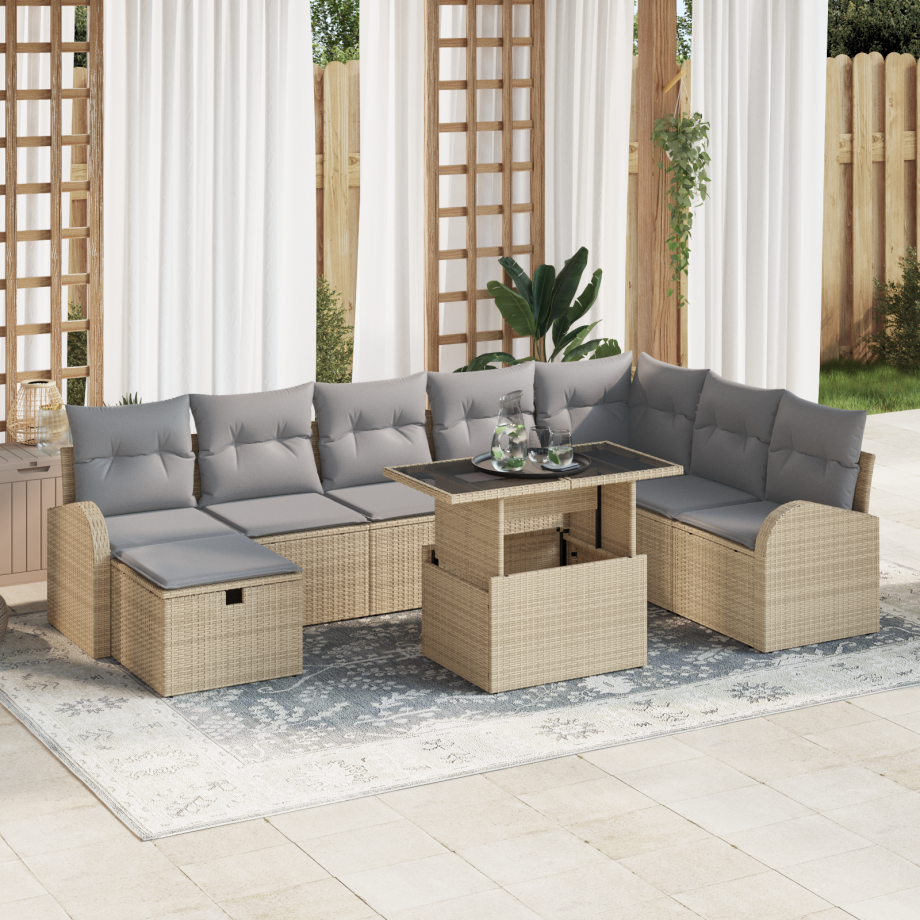 vidaXL 9-delige tuinset met kussens in beige poly riet vidaXL 9-delige tuinset met kussens in beige poly riet afbeelding 1
