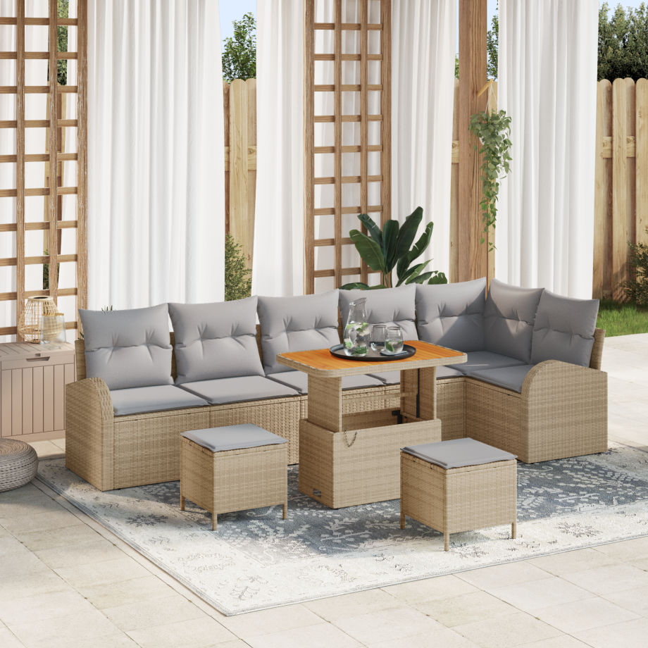 vidaXL 9-delige tuinset met kussens in beige van poly rattan en acacia afbeelding 1