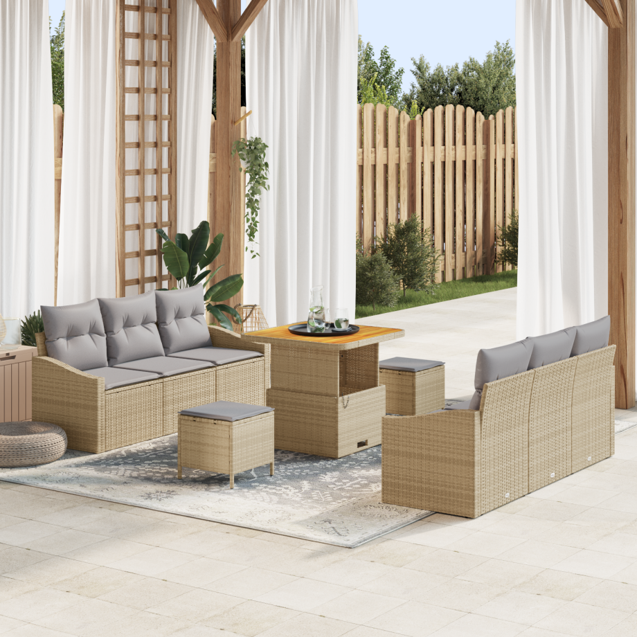 vidaXL 9-delige tuinset met kussens in beige van poly rattan en acacia vidaXL 9-delige tuinset met kussens in beige van poly rattan en acacia afbeelding 1