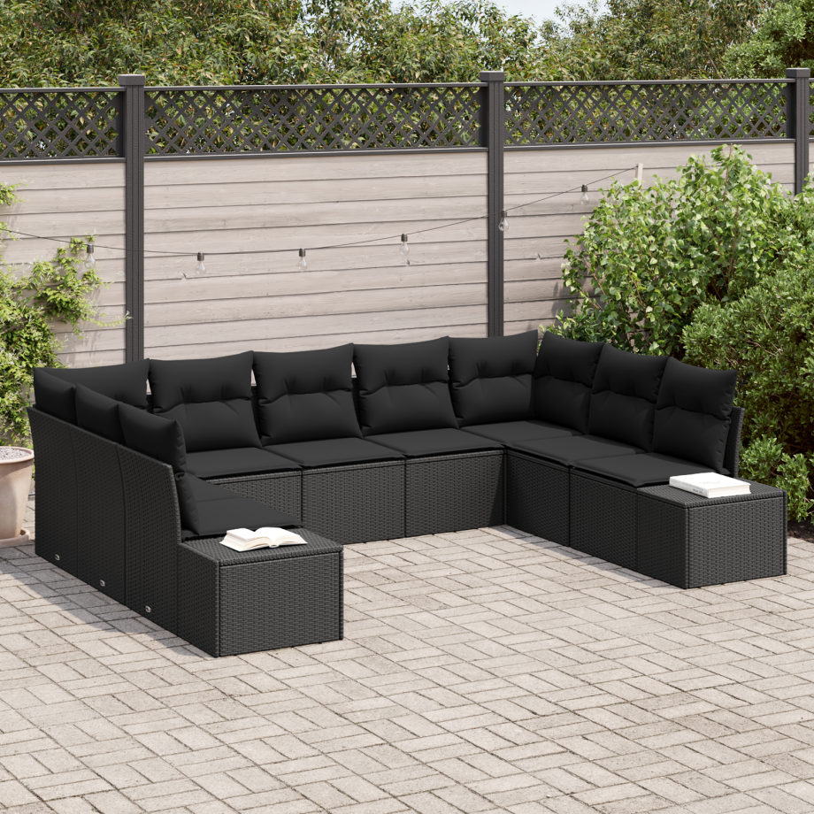 vidaXL 9-delige tuinset met kussens in zwart poly rattan vidaXL 9-delige tuinset met kussens in zwart poly rattan afbeelding 1