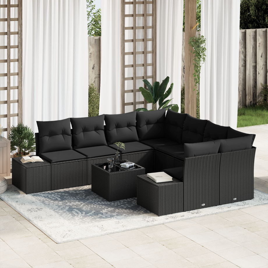 vidaXL 9-delige tuinset met kussens zwart poly rattan vidaXL 9-delige tuinset met kussens zwart poly rattan afbeelding 1