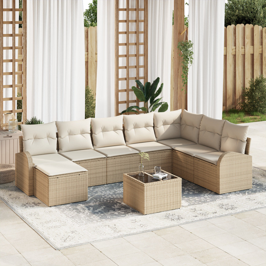 vidaXL Bankstel met kussen met opslag 9 pcs Beige en Wit poly rattan afbeelding 1
