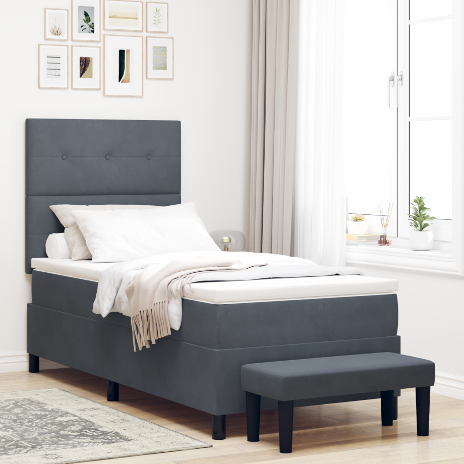 vidaXL Boxspring Bed met Matras & Bench Donkergrijs 90x190 cm Fluweel vidaXL Boxspring Bed met Matras & Bench Donkergrijs 90x190 cm Fluweel afbeelding 1