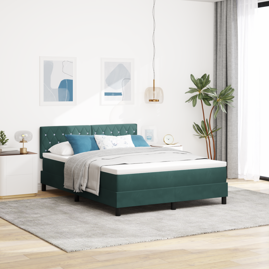 vidaXL LED Box Spring Bed met matras Donkergroen 140 x 190 cm Fluweel afbeelding 1