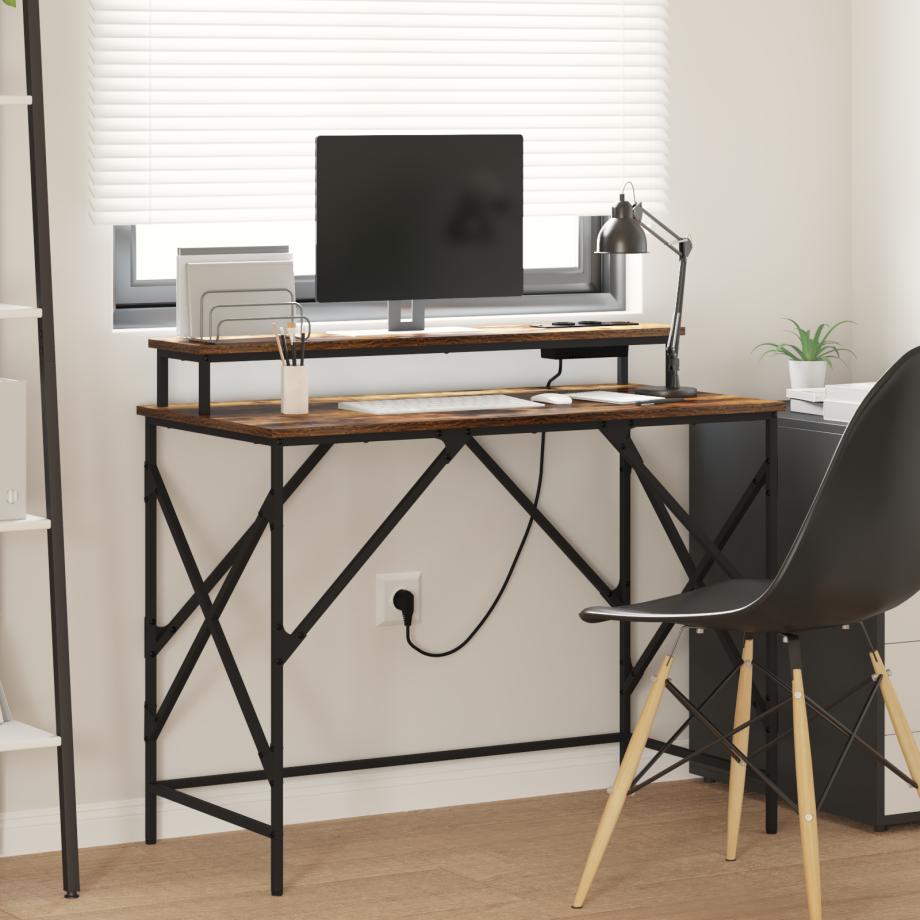 vidaXL Bureau met plank Gerookt eiken 100 x 50 x 86,5 cm Bewerkt hout afbeelding 1