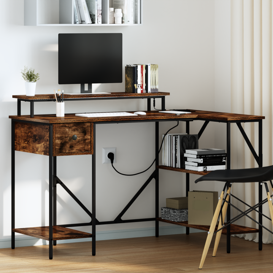 vidaXL Bureau met lade Gerookt eiken 120 x 79 x 86,5 cm Bewerkt hout afbeelding 1