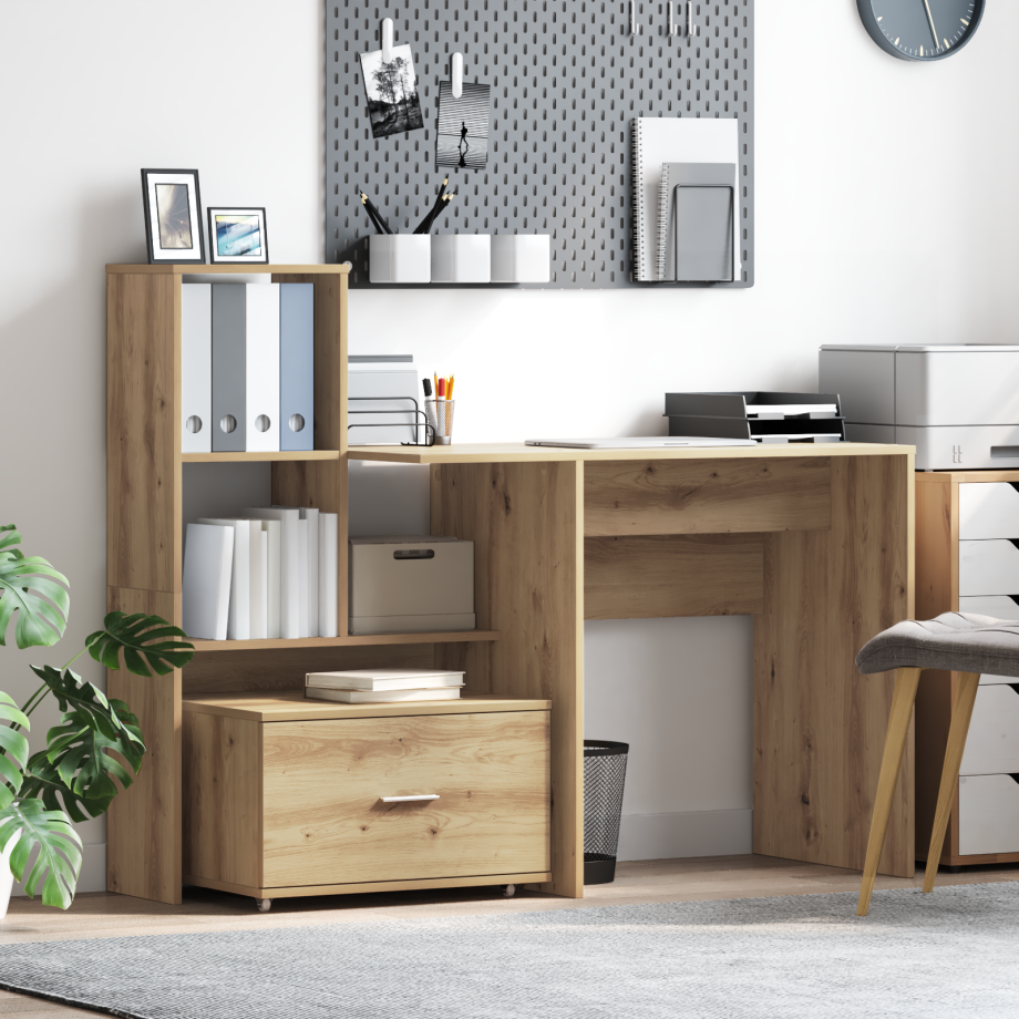 vidaXL Bureau met lade met plank met opslag artisanaal eikenkleurig 131,5 x 50 x 106,5 cm afbeelding 1