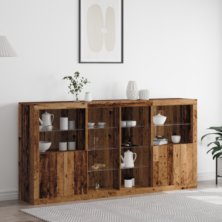 vidaXL LED Sideboard 3 pcs Oudhout 202 x 37 x 100 cm Bewerkt hout vidaXL LED Sideboard 3 pcs Oudhout 202 x 37 x 100 cm Bewerkt hout afbeelding 1