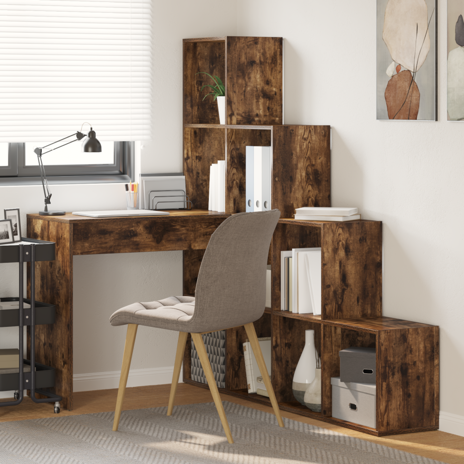vidaXL Hoekbureau met plank met opslag Gerookt eiken 101,5 x 149,5 x 149,5 cm vidaXL Hoekbureau met plank met opslag Gerookt eiken 101,5 x 149,5 x 149,5 cm afbeelding 1