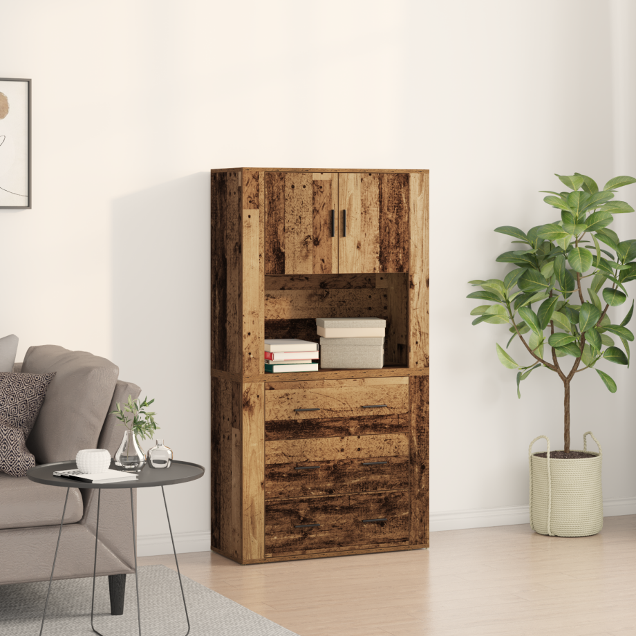 vidaXL Hoge kast met lade Oudhout 80 x 33 x 150 cm Bewerkt hout afbeelding 1