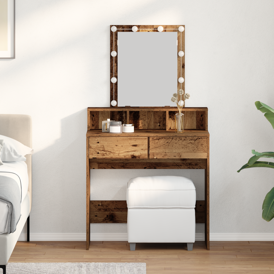 vidaXL Kaptafel met spiegel en LED's bewerkt hout oud houtkleurig afbeelding 1