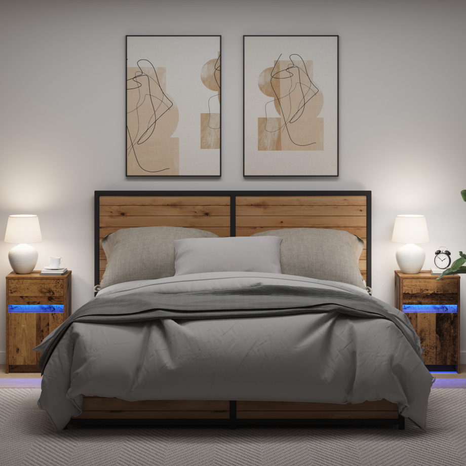 vidaXL LED Bedside Kast 2 pcs Oud hout 38 x 34 x 61 cm Bewerkt hout afbeelding 1