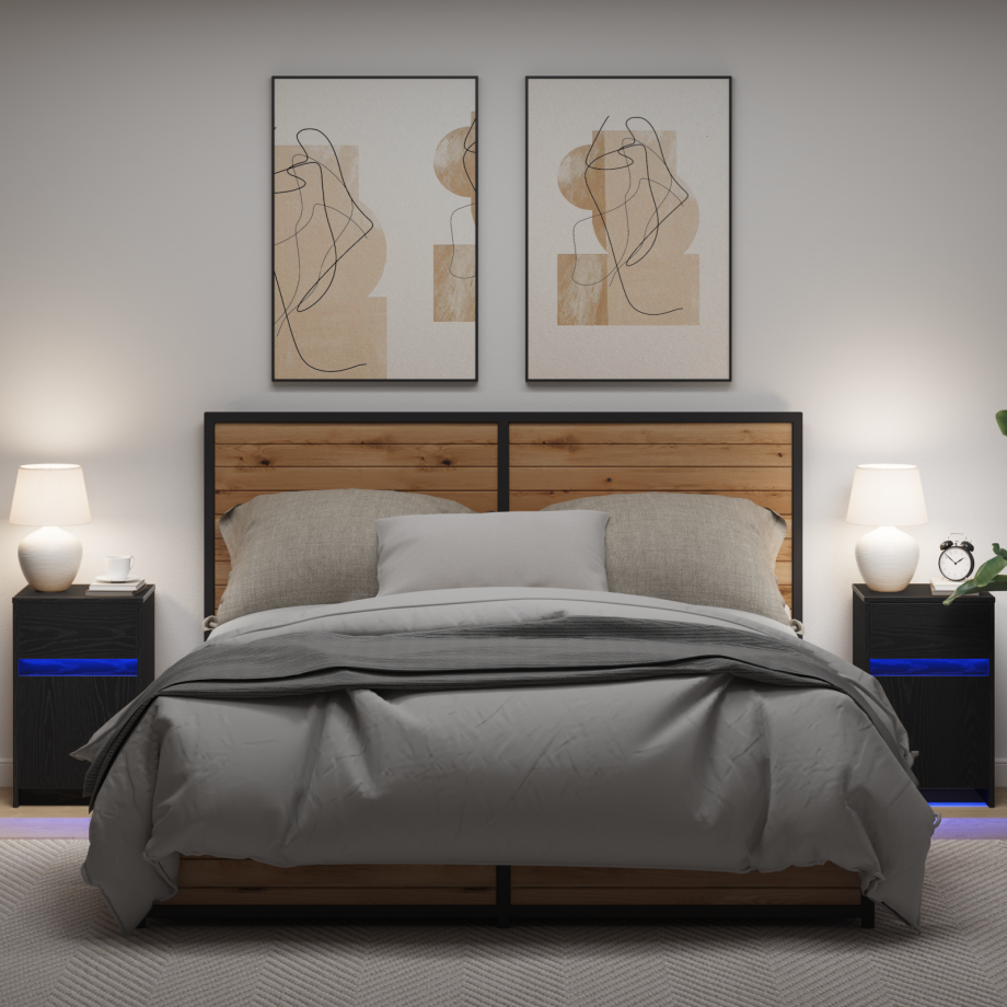 vidaXL LED Bedside Kast 2 pcs Zwart eiken 38 x 34 x 61 cm Bewerkt hout afbeelding 1