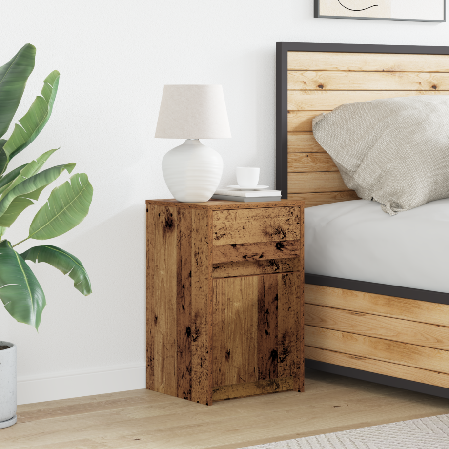 vidaXL LED Bedside Kast met lade Oud hout 38 x 34 x 61 cm Bewerkt hout afbeelding 1