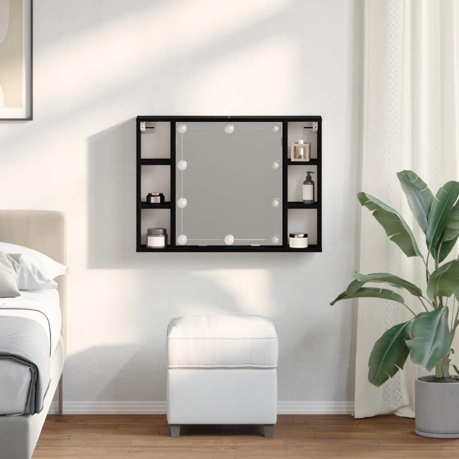 vidaXL LED Spiegelkast - Zwart Eiken - 76x15x55 cm - Gemaakt van Geëngenieerd Hout afbeelding 1