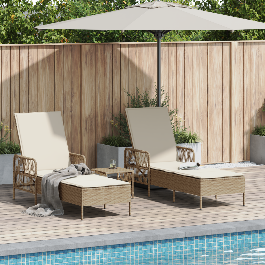 vidaXL Ligbedden 2 stuks met Kussens en Tafel Beige Poly Rattan afbeelding 1