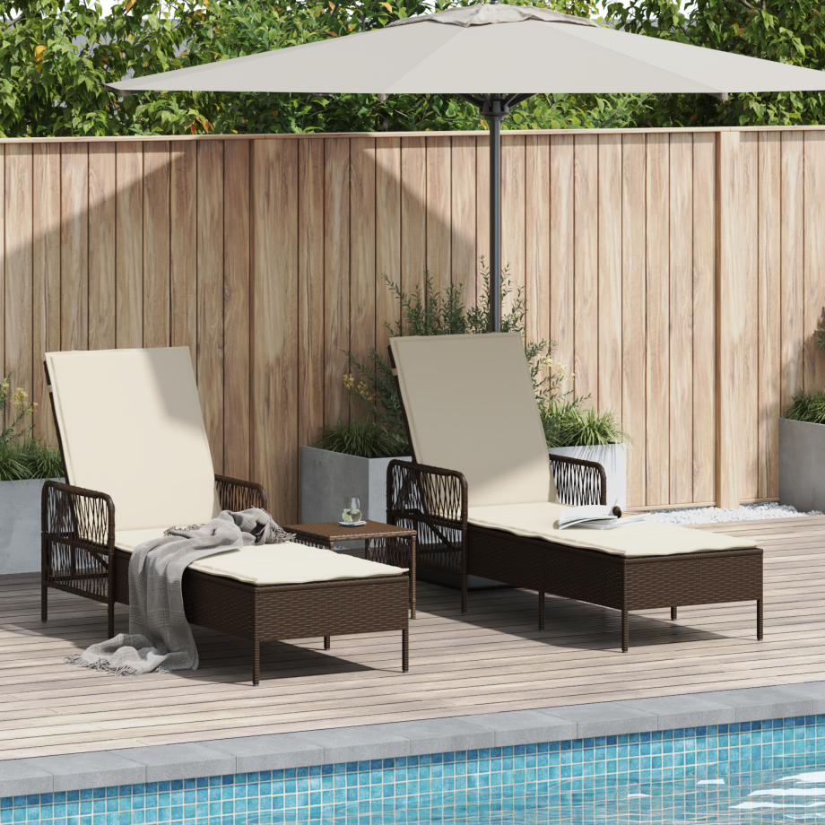 vidaXL Ligbedden 2 stuks met Kussens en Tafel Bruin Poly Rattan afbeelding 1