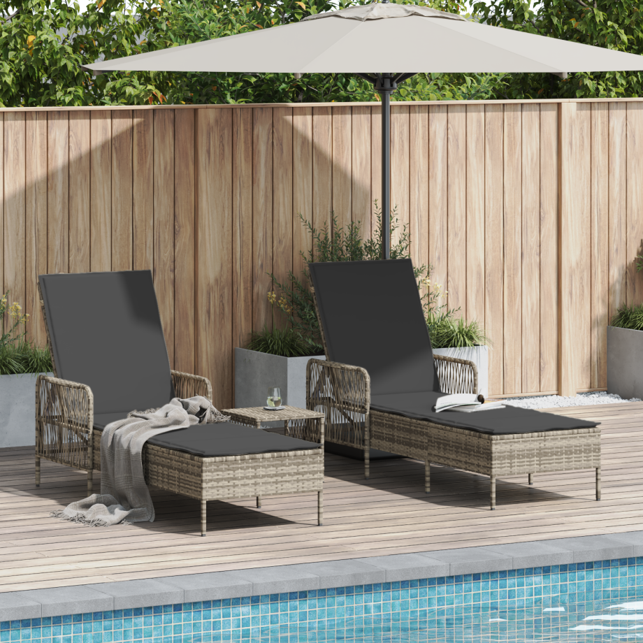 vidaXL Ligbedden 2 stuks met Kussens en Tafel Lichtgrijs Poly Rattan afbeelding 1