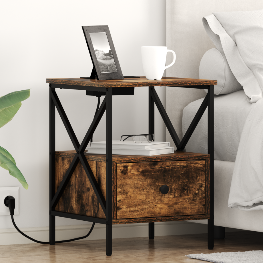 vidaXL Nachtkastje met lade 2 pcs Gerookt eiken 41,5 x 40,5 x 55 cm afbeelding 1