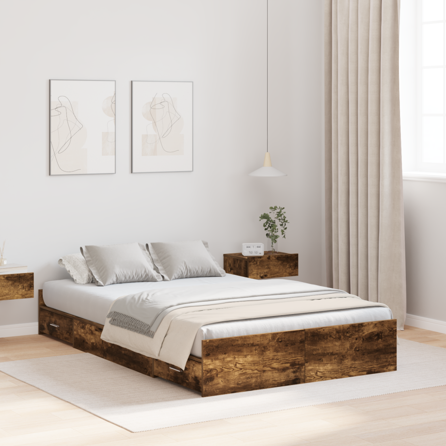 vidaXL Opbergbedframe met lade Gerookt eiken 120 x 200 cm Bewerkt hout afbeelding 1