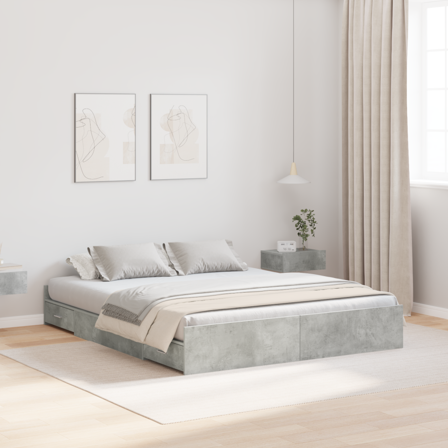 vidaXL Opbergbedframe met lade Beton Grijs 140 x 190 cm Bewerkt hout afbeelding 1