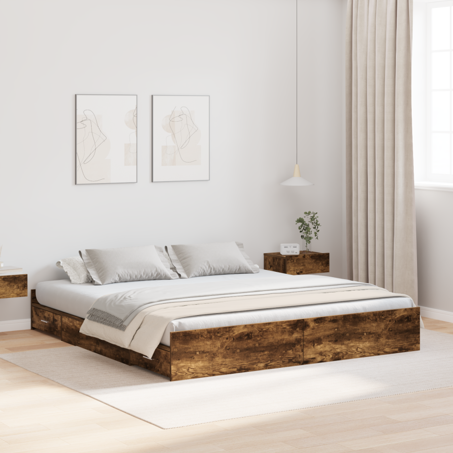 vidaXL Opbergbedframe met lade met hoofdeinde met opslag Gerookt eiken 200 x 200 cm afbeelding 1