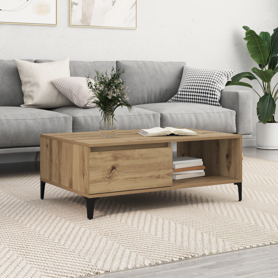 vidaXL Salontafel artisanaal eikenkleurig 90 x 60 x 35 cm Bewerkt hout afbeelding 1