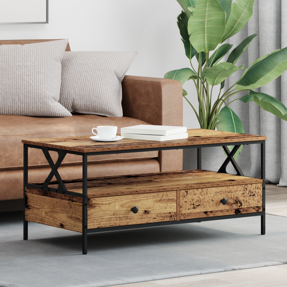 vidaXL Salontafel with Drawer Oud hout 100 x 51 x 45 cm Bewerkt hout afbeelding 1