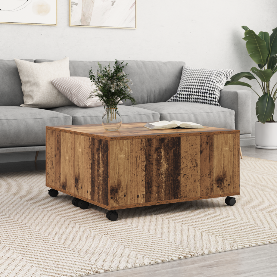 vidaXL Salontafel met wiel met opslag Oude hout 75 x 75 x 38 cm Bewerkt hout vidaXL Salontafel met wiel met opslag Oude hout 75 x 75 x 38 cm Bewerkt hout afbeelding 1