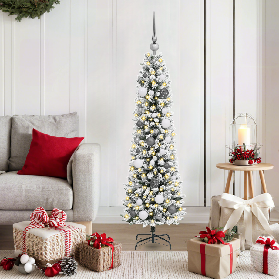 vidaXL Slanke Kerstboom met decoratieve touwlichten Wit 150 cm PVC afbeelding 1