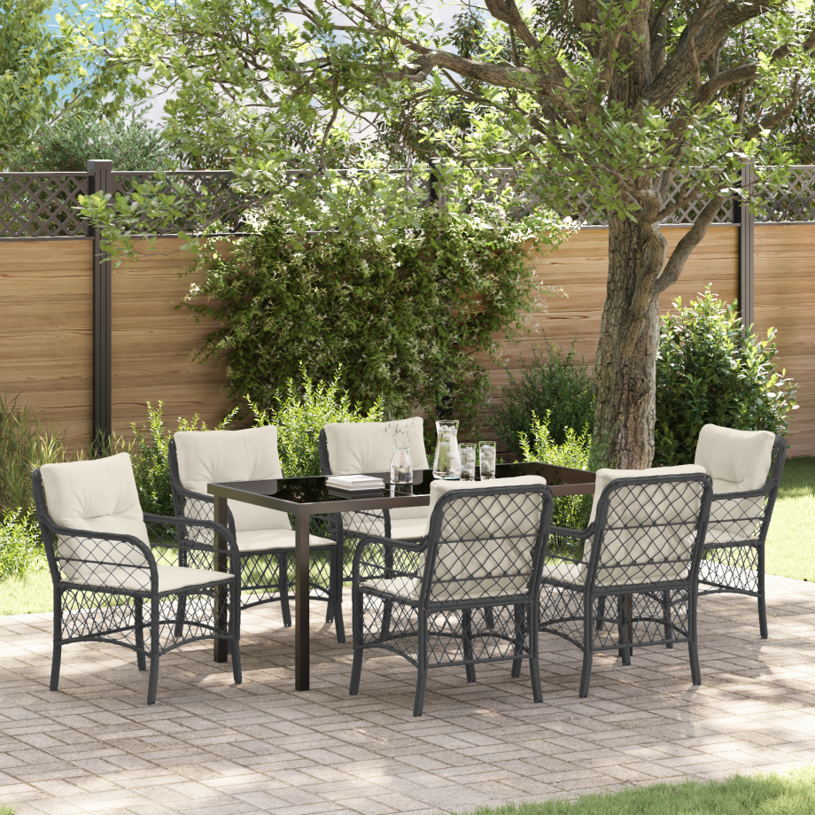 vidaXL Tuin Eetset met kussen 7 pcs Zwart Poly riet afbeelding 1