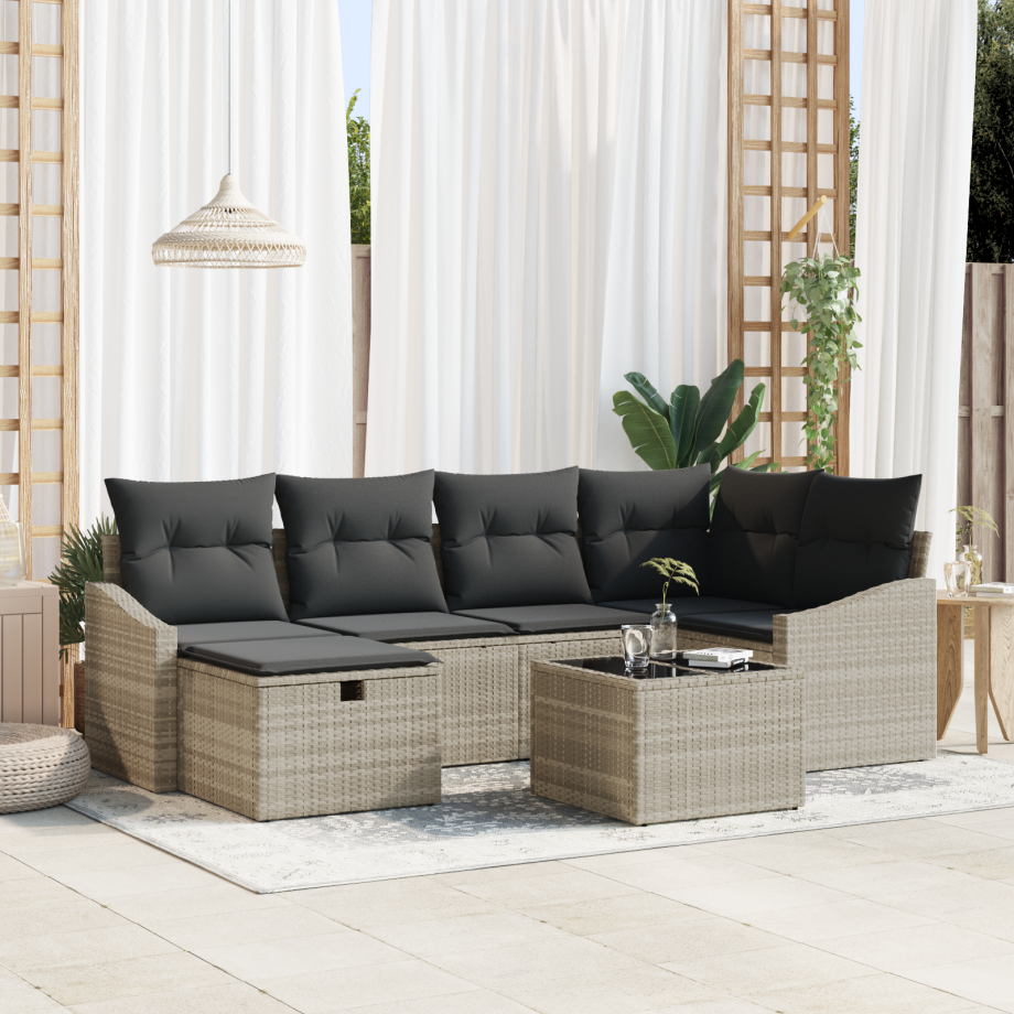 vidaXL Bankstel met kussen 7 pcs Licht Grijs en Grijs poly rattan afbeelding 1