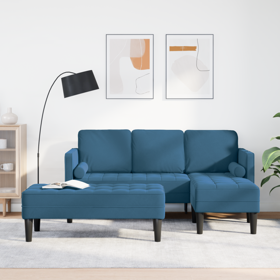 vidaXL Tuinbank L-vormig met bank en kussens fluweel blauw afbeelding 1