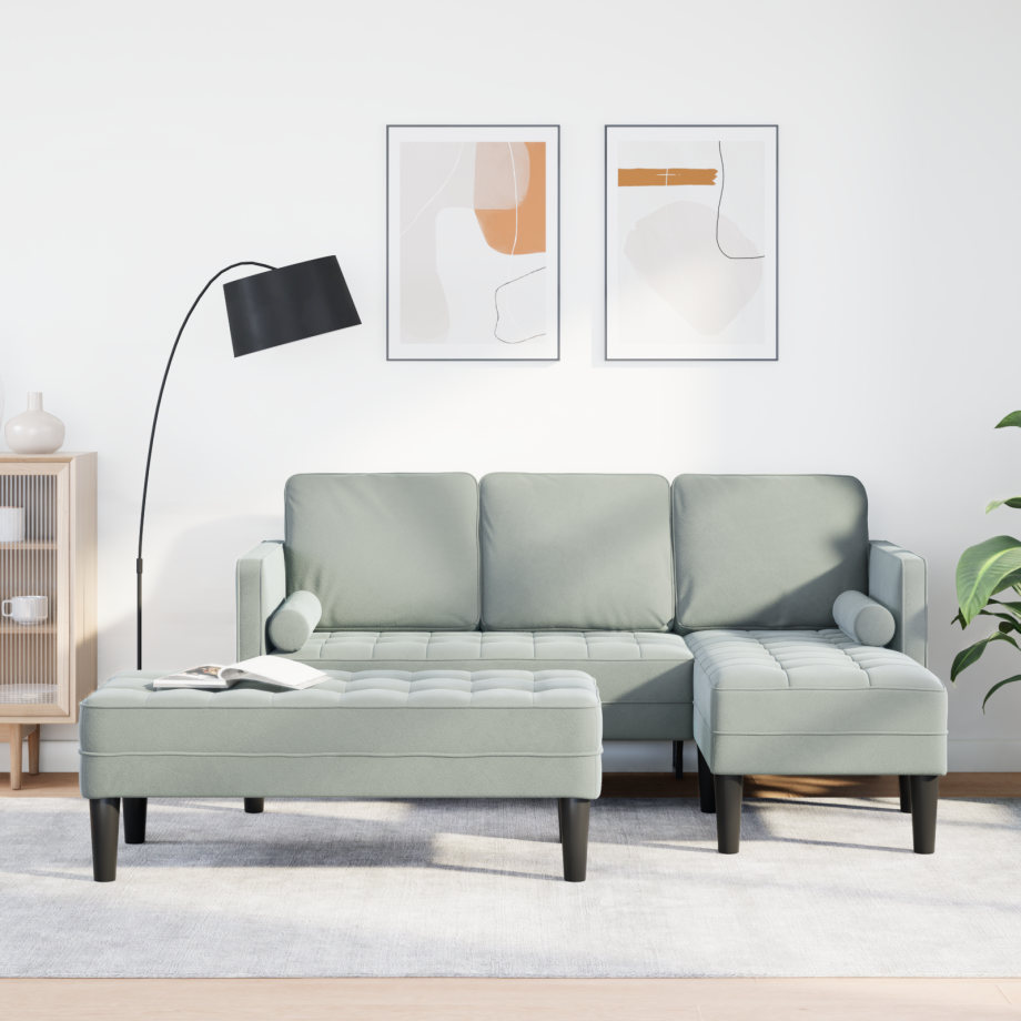 vidaXL Tuinbank L-vormig met bank en kussens fluweel lichtgrijs afbeelding 1
