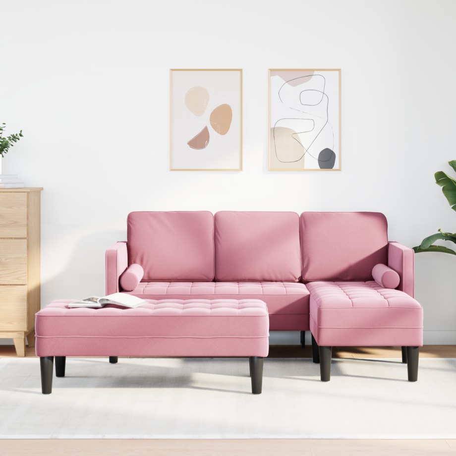 vidaXL Tuinbank L-vormig met bank en kussens fluweel roze afbeelding 1