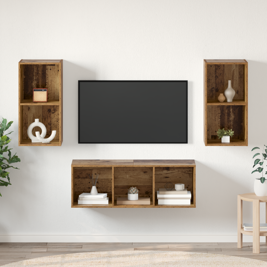 vidaXL TV-kast set 3 pcs Oud hout 37 x 37 x 107 cm Bewerkt hout afbeelding 1