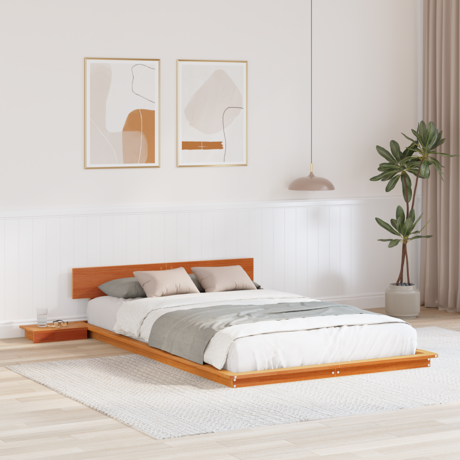 vidaXL Vloerbedframe met Nachtkastjes Gewaxte Bruin 135x190cm Massief Hout afbeelding 1